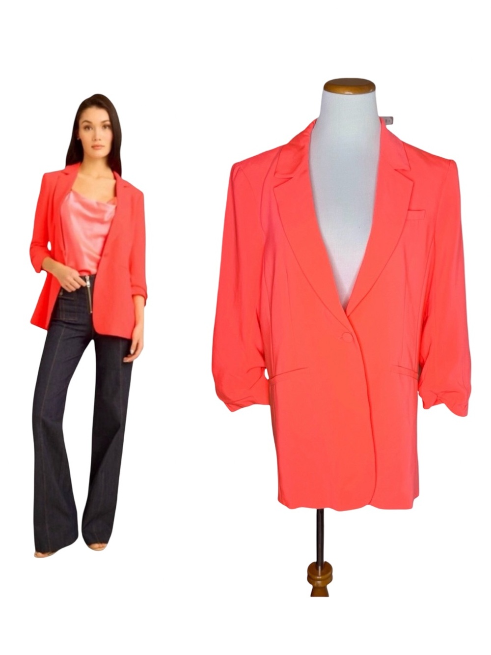 Cinq a Sept Khloe Crepe Blazer Size 12 Neon Coral Scrunched Sleeves Pop Of Color